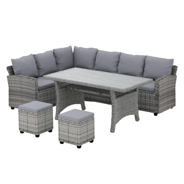 Fanno-Wicker Outdoor Dining Set 8 Seater Sofa Table Ottomans Cushions Weather Resistant