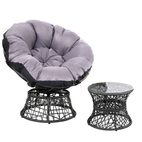 Fanno-Papasan Chair and Side Table Set Indoor Outdoor Wicker Furniture Black 360 Rotatable