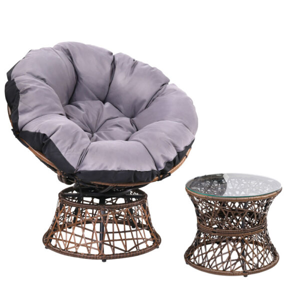 Fanno-Papasan Chair and Side Table Set Indoor Outdoor Wicker Furniture Brown 360 Rotatable