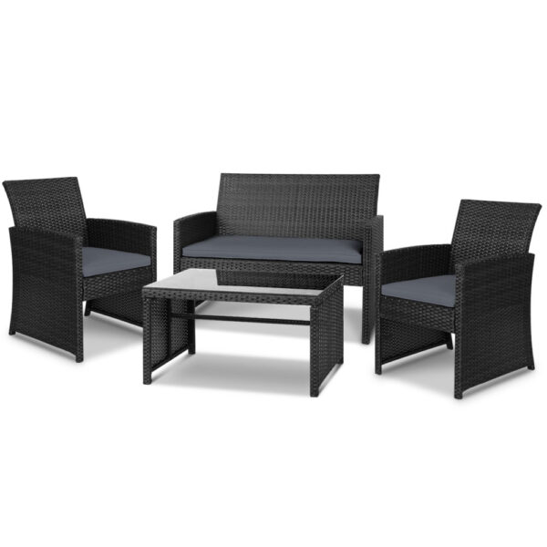 Fanno-Outdoor Wicker Chair and Table Set 4 Piece Garden Furniture Black Weather Resistant