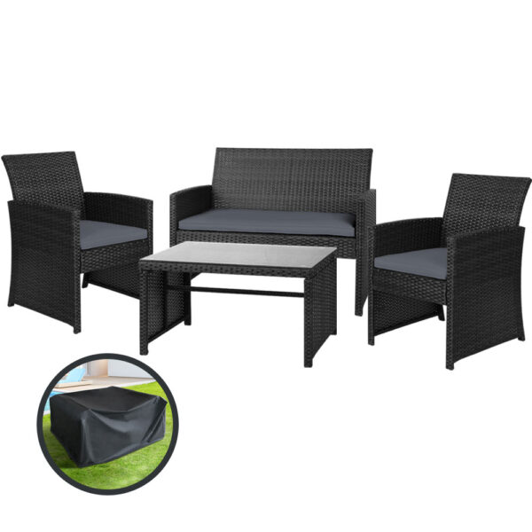 Fanno-4 Piece Rattan Outdoor Sofa Set with Cushions and Storage Cover for Patio Garden