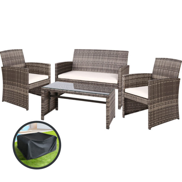 Fanno-4 Piece Rattan Outdoor Sofa Set with Cushions and Storage Cover for Patio Garden