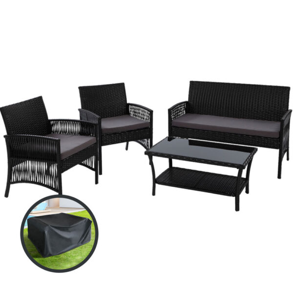 Fanno-4-Piece Rattan Outdoor Sofa Set with Cushions and Storage Cover for Patio Black