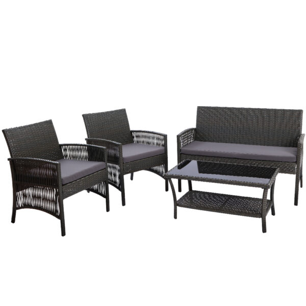 Fanno-Outdoor Wicker Sofa Set with Cushions and Glass Table for Garden and Patio