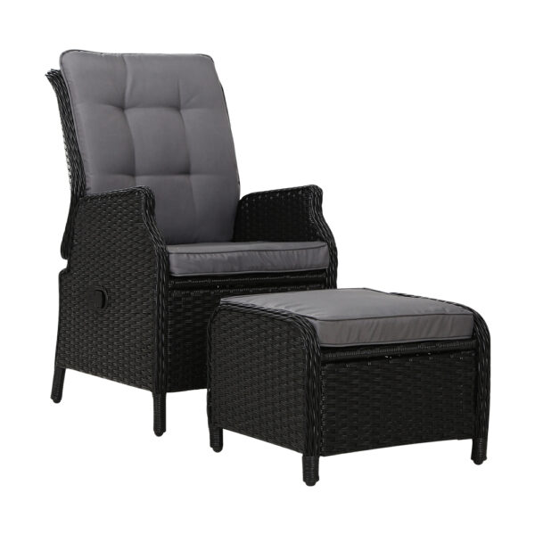 Fanno-Wicker Recliner Set with Ottoman Outdoor Furniture Adjustable Black Comfort