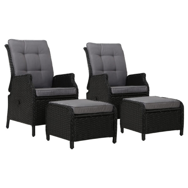 Fanno-Wicker Recliner Set with Ottoman Adjustable Outdoor Furniture for Relaxation Black