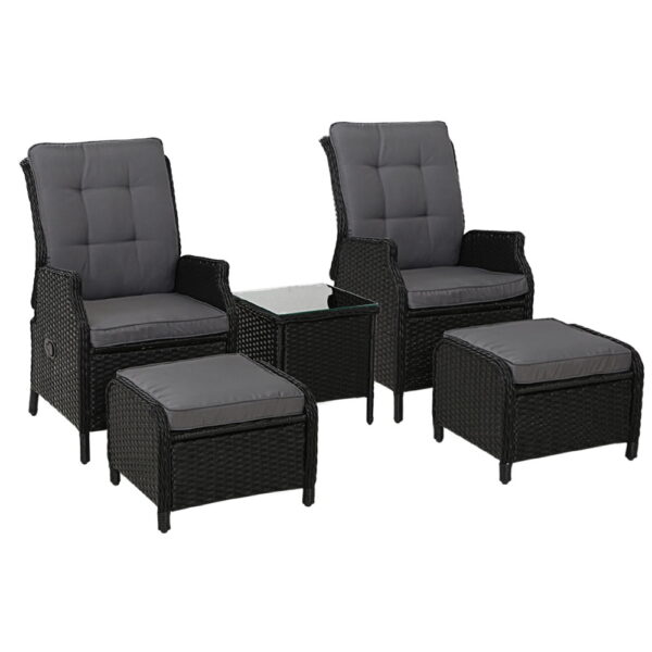 Fanno-Wicker Recliner Set with Ottomans and Table for Outdoor Indoor Relaxation Black