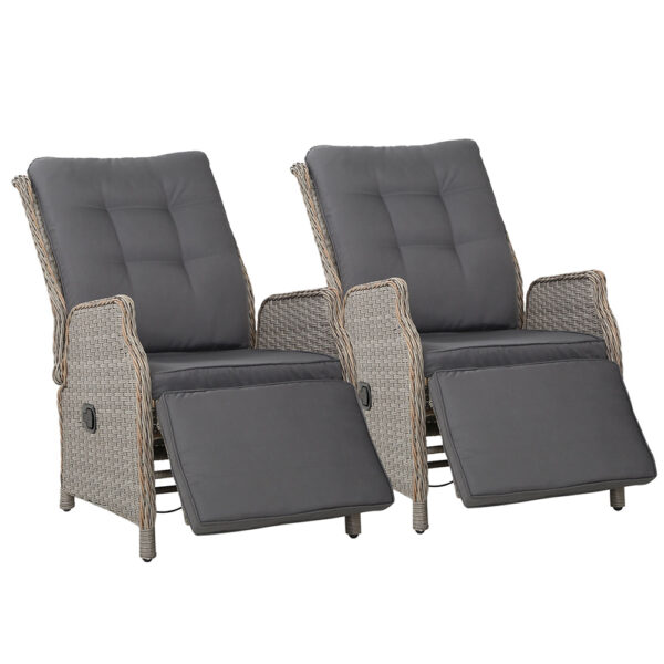 Fanno-Wicker Recliner Chairs Set of 2 Adjustable Outdoor Furniture Grey Comfort