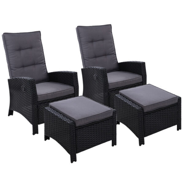 Fanno-Recliner Set with Ottoman Outdoor Wicker Lounge Chairs Adjustable Comfort Black