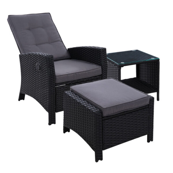 Fanno-Outdoor Wicker Recliner Set with Ottoman and Table Adjustable Comfortable Black