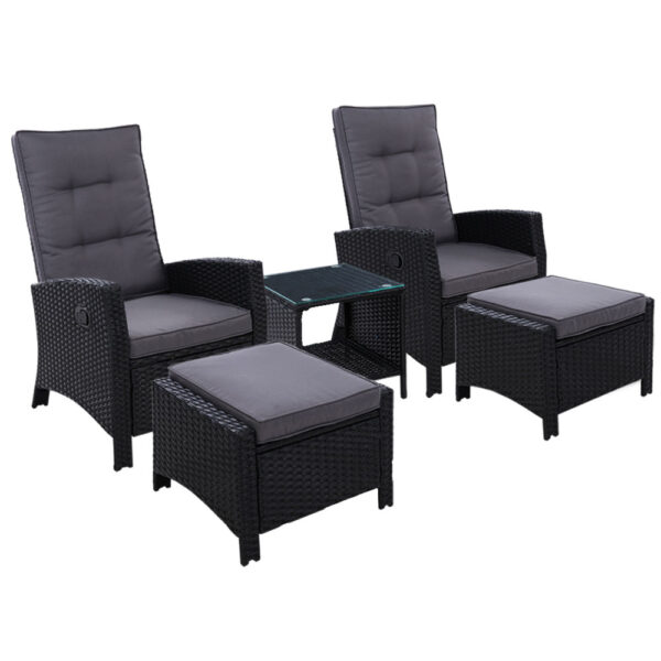 Fanno-Outdoor Wicker Recliner Set with Ottoman and Table Adjustable Comfort Black