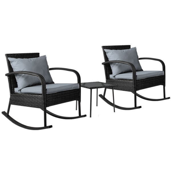 Fanno-3 Piece Outdoor Rocking Chair Set with Glass Table for Patio and Indoor Use Black