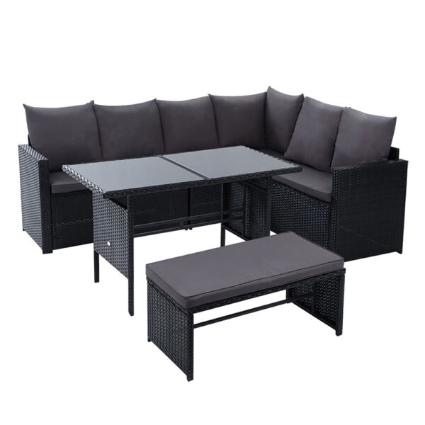 Fanno-Outdoor Sofa Dining Set 9-Seater Wicker Table Cushions Weather Resistant Black