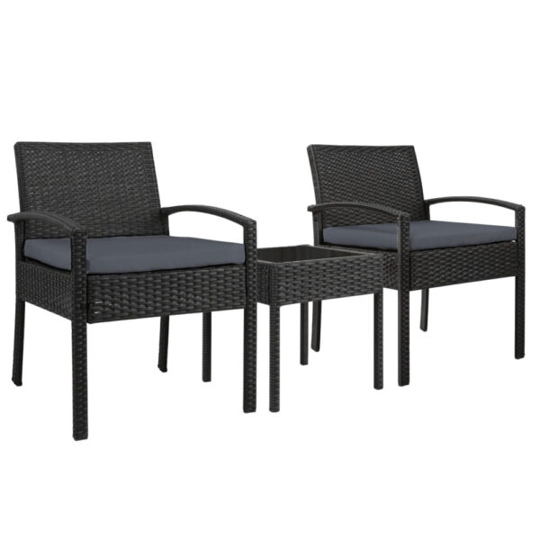 Fanno-3-Piece Outdoor Wicker Furniture Set with Cushions and Glass Table Black