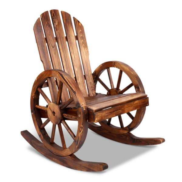 Fanno-Rustic Fir Wood Wagon Wheels Rocking Chair for Garden and Backyard Comfort