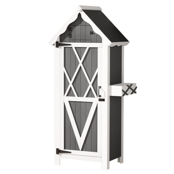 Fanno-Wooden Outdoor Storage Shed Cabinet with Shelves and Hangers for Garden Use