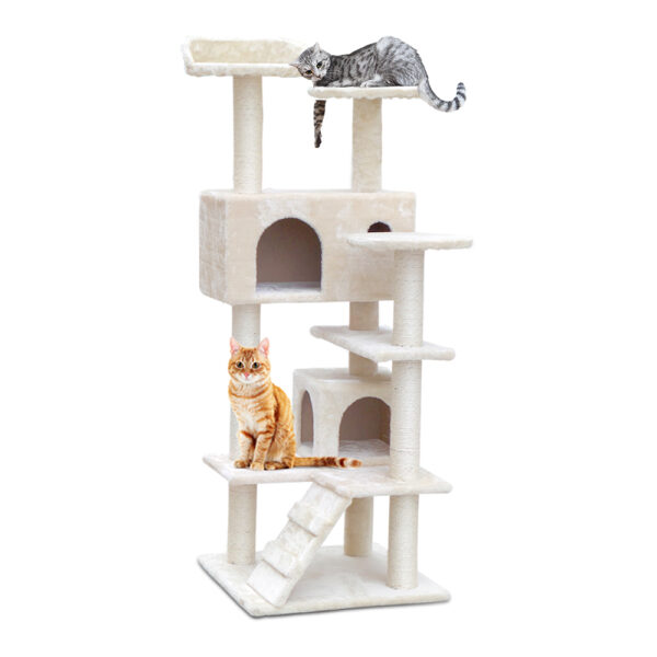 Fanno-Cat Tree 134cm Multi-Level Scratching Post with Plush Cover and Sisal Posts Beige