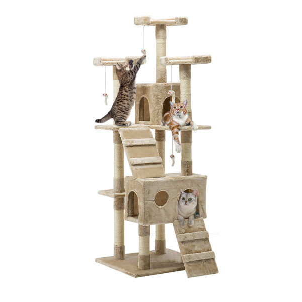 Fanno-Cat Tree 180cm Tower Scratching Post Multi-Level Condo with Toys and Plush Cover