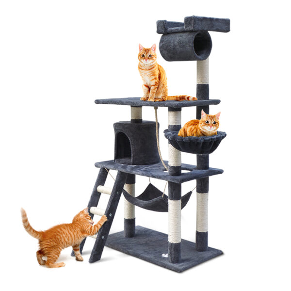 Fanno-Cat Tree 141cm Multi-Level Scratching Post with Plush Cover and Hammock Grey