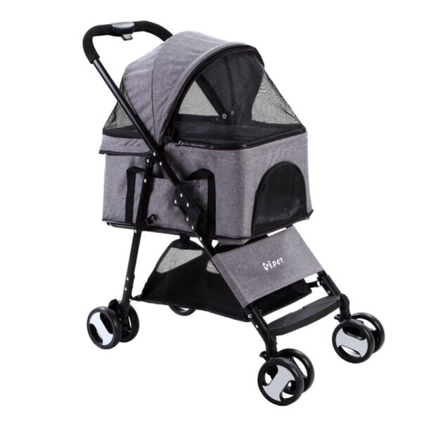 Fanno-Pet Stroller Carrier Travel Pushchair Foldable 4 Wheels for Small Dogs Cats Grey