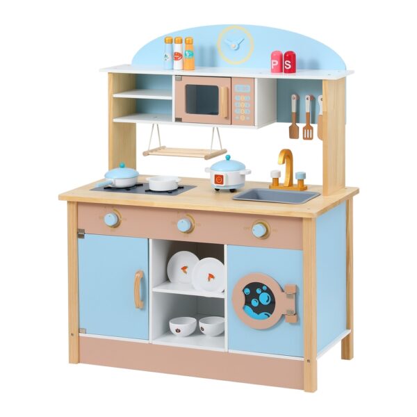 Fanno-Kids Wooden Pretend Kitchen Play Sets Cooking Toys Pot Pan Bowls Oven Dishwasher 80CM Blue