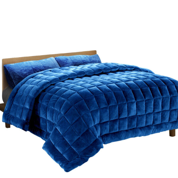 Fanno-Faux Mink Quilt Super King Navy Blue Soft Warm Winter Bedding Set with Pillowcases