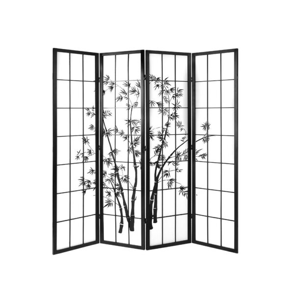 Fanno-4 Panel Room Divider Screen Bamboo Design Black Non-Woven Fabric Foldable Privacy