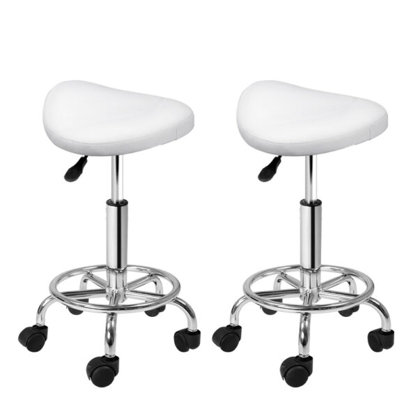 Fanno-Salon Stool Adjustable Height PU Leather Saddle Seat with Wheels White 2 Pack