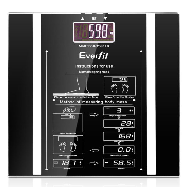 Fanno-Digital Body Fat Hydration Weight Scale 180KG Large LCD Display Black Glass