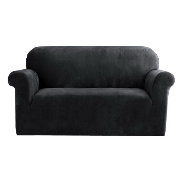 Fanno-Stretchable Velvet Sofa Cover for 2-Seater Couch Black Machine Washable Protection