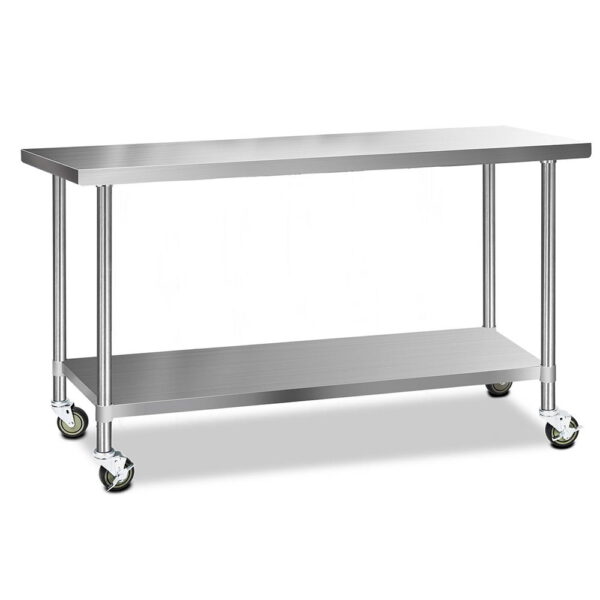 Fanno-Stainless Steel Kitchen Bench with Wheels Adjustable Shelves Heavy Duty 1829x610mm