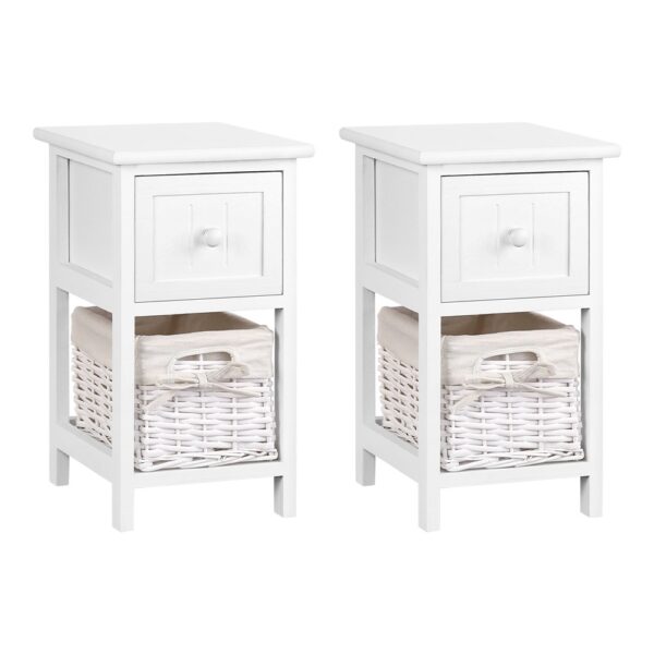 Fanno-Rustic Bedside Table with Wicker Basket Storage White Set of Two