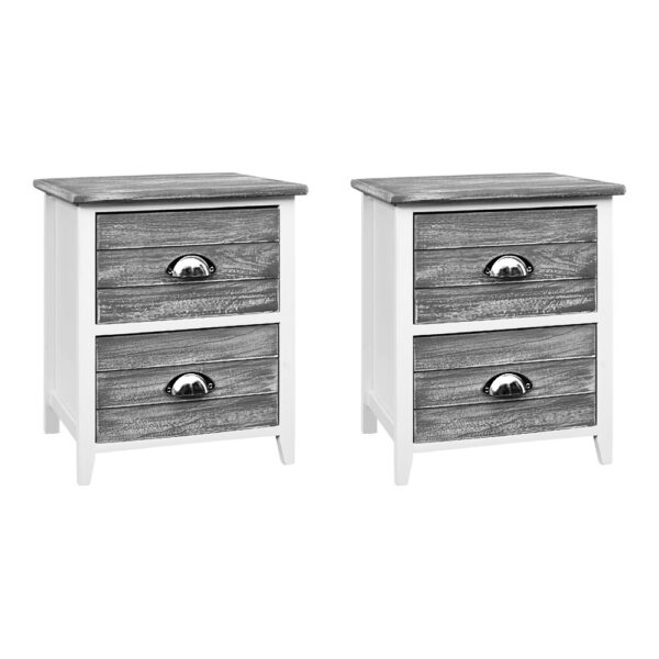 Fanno-Vintage Chic Bedside Table with 2 Drawers Grey Paulownia Wood and MDF Construction