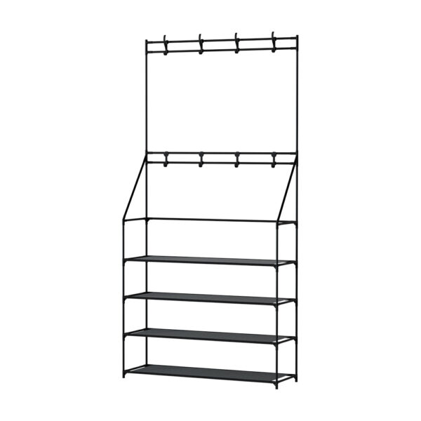 Fanno-3-in-1 Shoe Rack with Coat Hooks and Storage for 16 Pairs of Shoes Black Metal