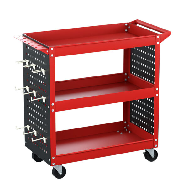 Fanno-3-Tier Tool Cart Storage Trolley with Pegboard Hooks for Workshop Garage Red