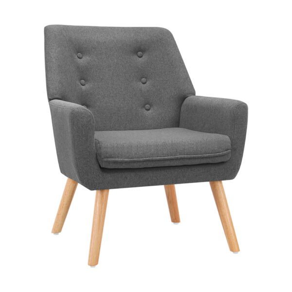 Fanno-Linen Upholstered Armchair with Tufted Backrest and Rubber Wood Legs Grey