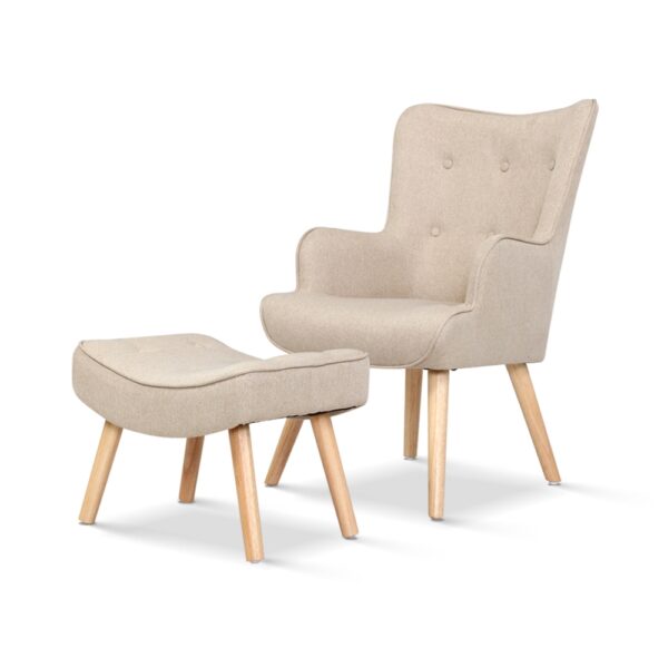 Fanno-Scandinavian Armchair and Ottoman Set in Beige with Tufted Design and Foam Padding