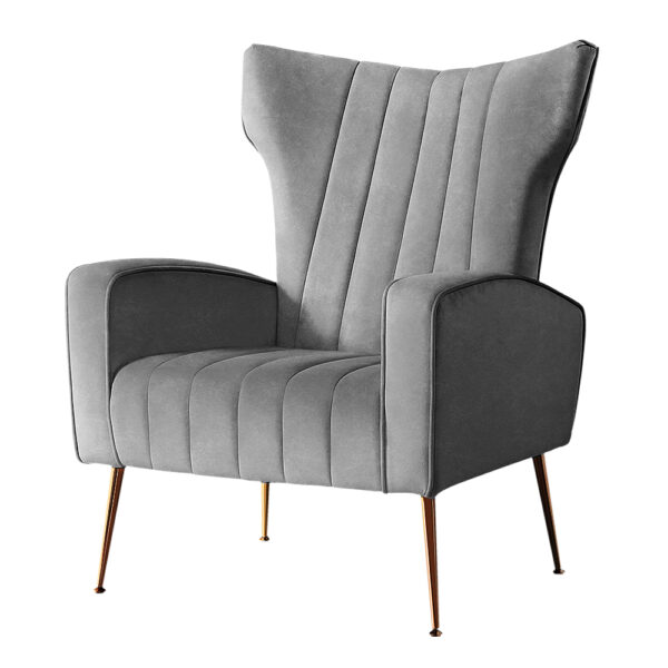 Fanno-Accent Armchair Grey Velvet Comfortable High Back Chair with Golden Legs