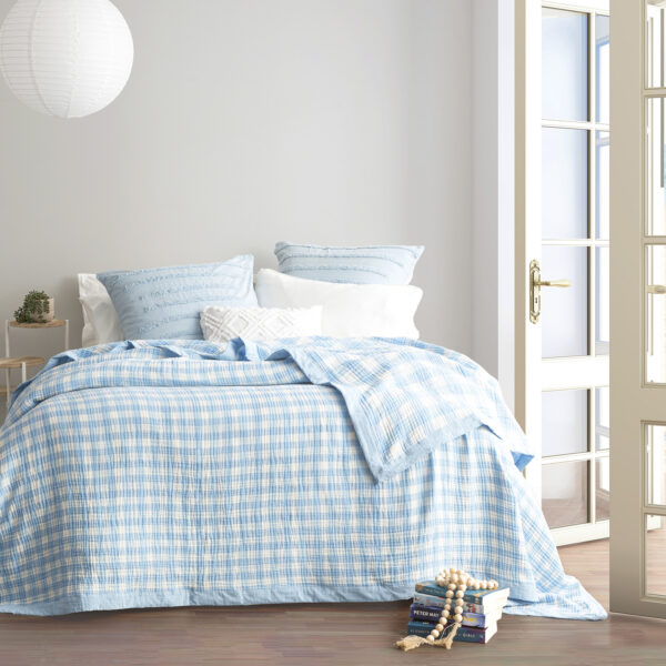 Fanno-Gingham Washed Cotton Yarn Dyed Revesible Textured French Blue Blanket by Renee Taylor Single/Double