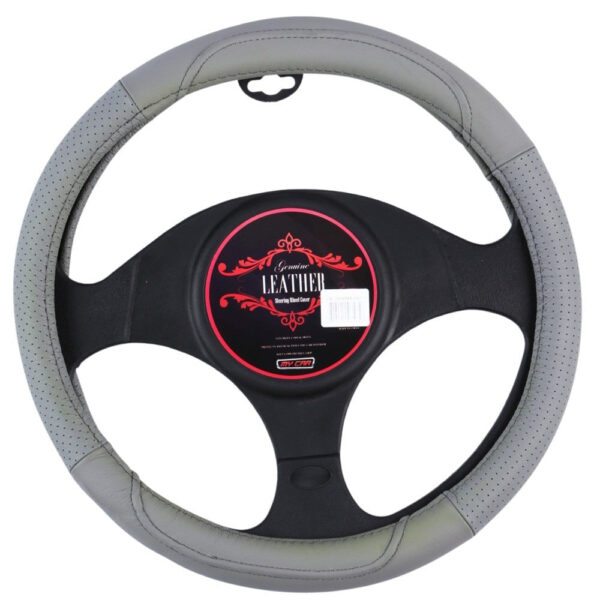 Fanno-Genuine Leather Steering Wheel Cover Fits Most 15-Inch Comfortable Grip Grey