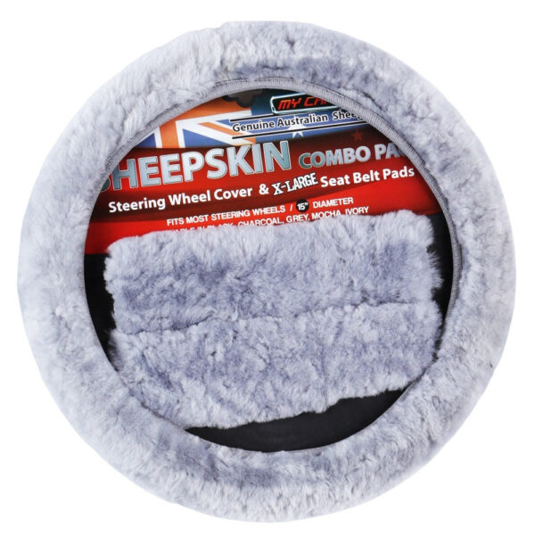 Fanno-Genuine Sheepskin Steering Wheel Cover and Seat Belt Pads Combo Luxury Grey