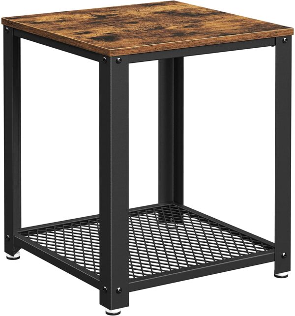 Fanno-2-Tier Side Table with Storage Shelf Metal Frame Rustic Brown Modern Design