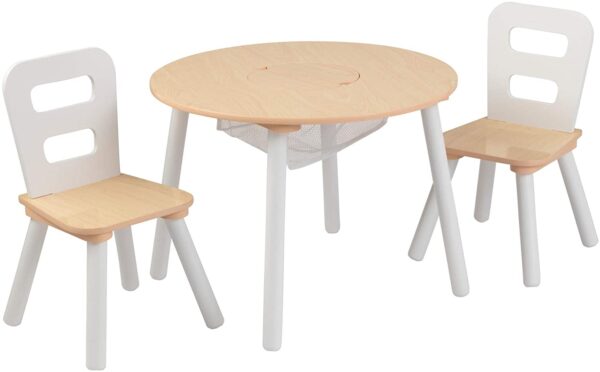 Fanno-Round Table and 2 Chair Set for Kids with Storage White Natural Furniture