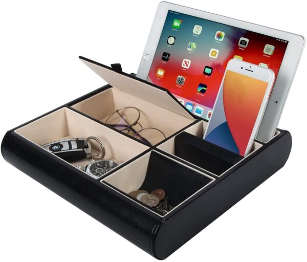 Fanno-Valet Tray Leather Storage Box for Keys Phone Wallet Coins and Accessories Black