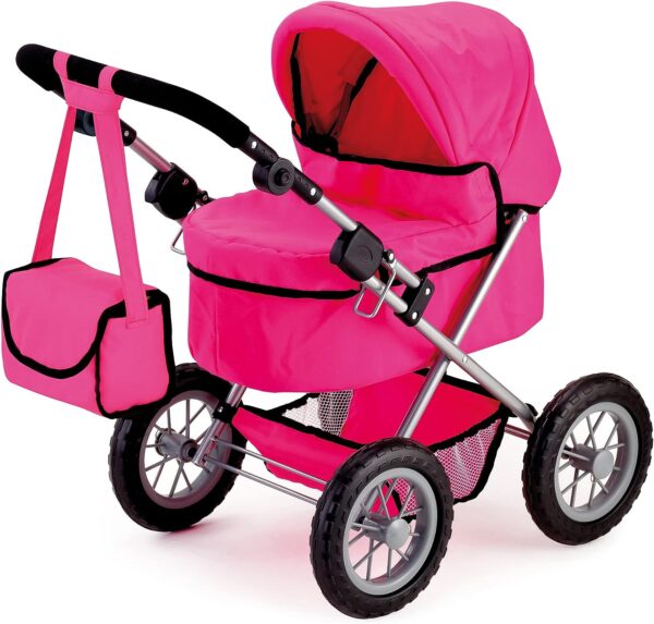 Fanno-Foldable Doll Pram with Adjustable Handle and Shopping Basket for Kids Pink