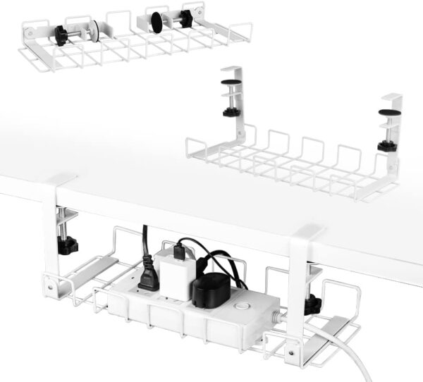 Fanno-Under Desk Cable Management Tray Set of 2 Easy Clamp Installation White