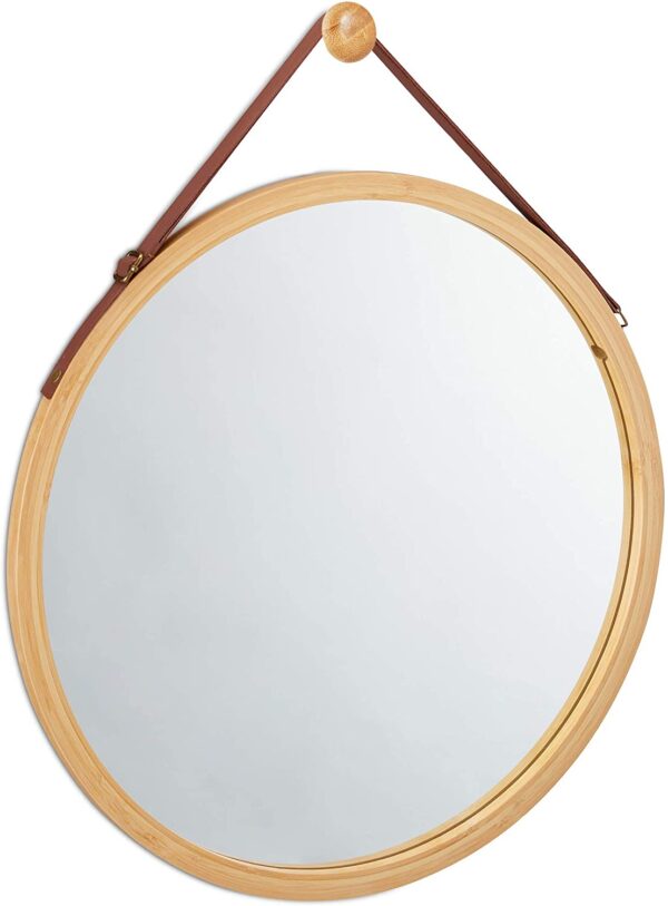 Fanno-Hanging Round Wall Mirror 38cm Bamboo Frame Adjustable Strap for Home Decor