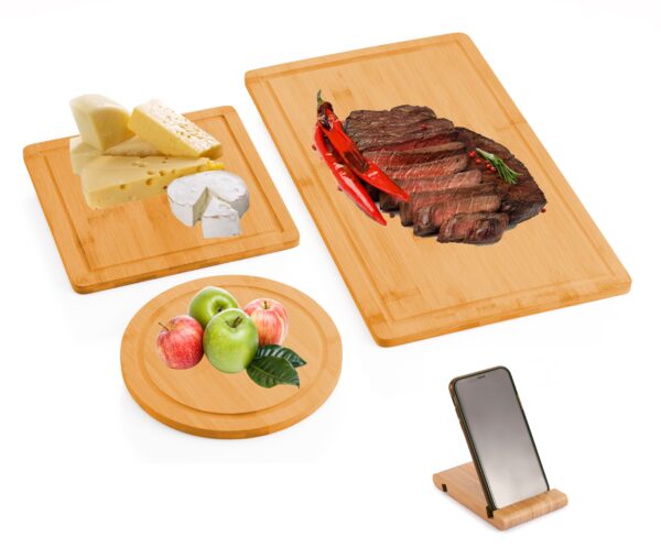 Fanno-Bamboo Cutting Board Set with Juice Groove and Mobile Holder for Kitchen Use