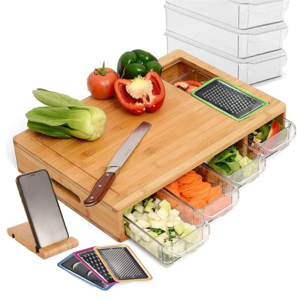 Fanno-Large Bamboo Cutting Board with 4 Containers and Mobile Holder for Kitchen Use