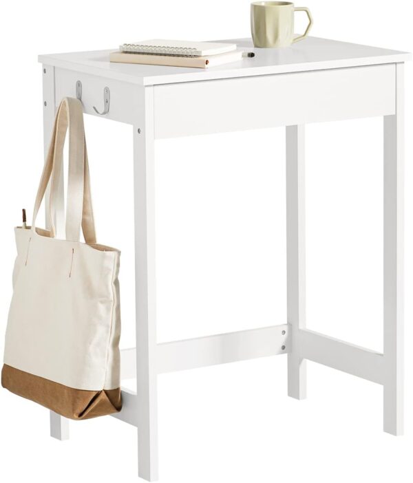 Fanno-Small White Desk with Drawer and Hooks for Home Office Storage and Organization